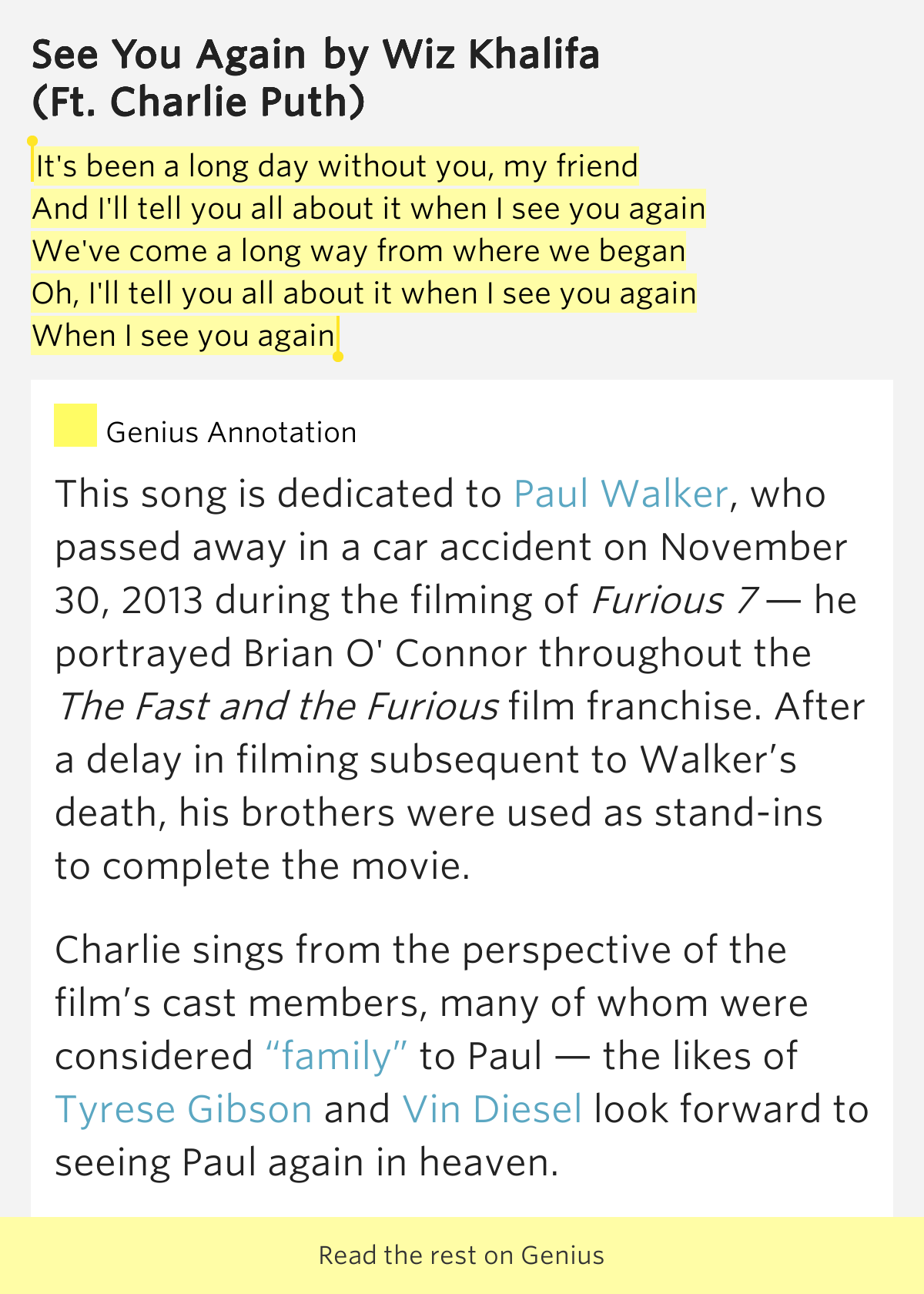 It's been a long day without you, my friend / And.. – See You Again
