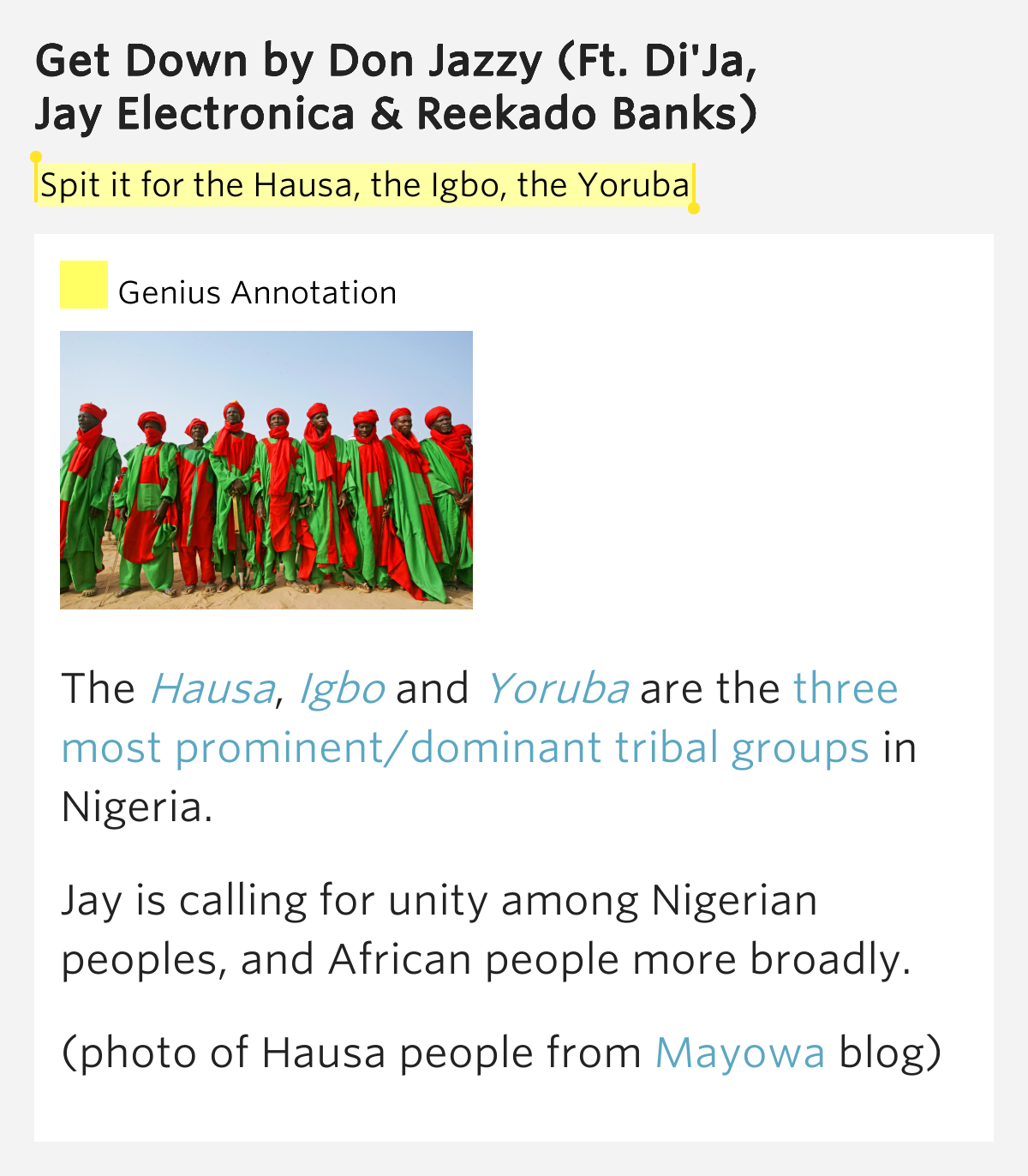 Spit it for the Hausa, the Igbo, the Yoruba Get Down Lyrics Meaning