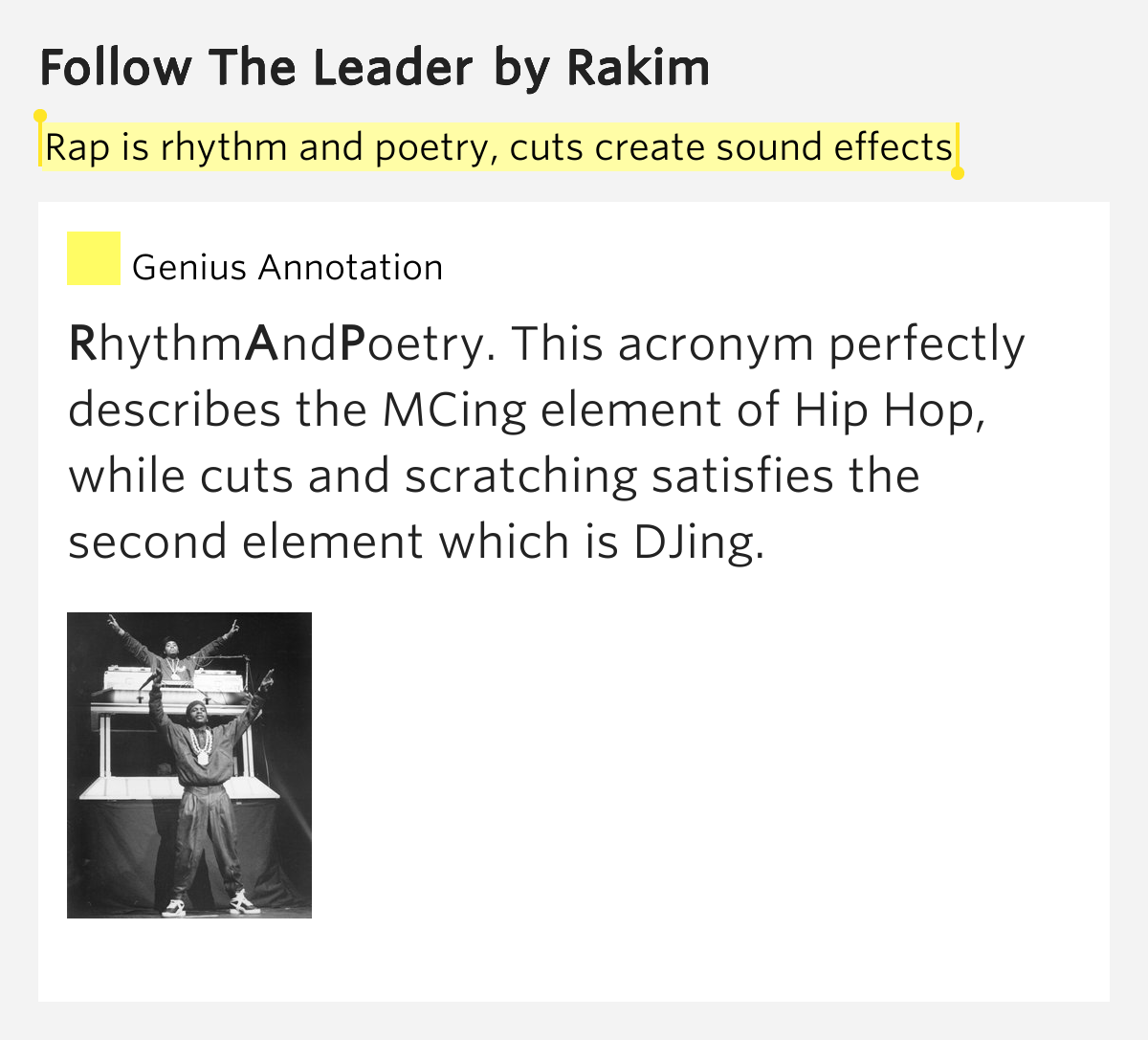 Rap is rhythm and poetry, cuts create sound.. Follow The Leader