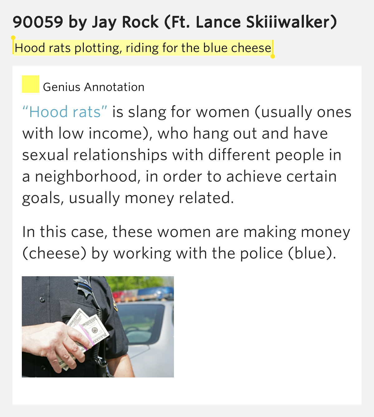 Hood rats plotting, riding for the blue cheese 90059 Lyrics Meaning