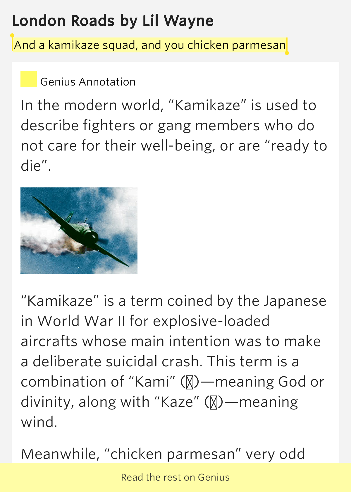 And A Kamikaze Squad And You Chicken Parmesan London Roads Lyrics