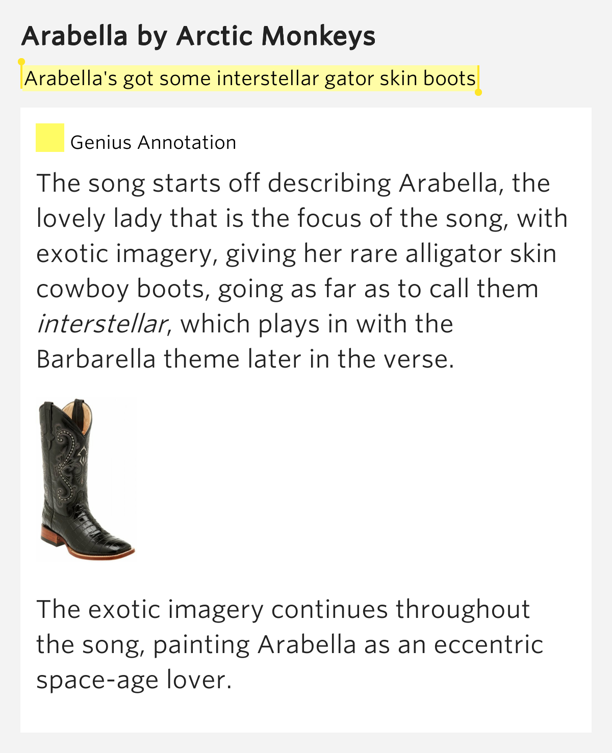 Arabella's got some interstellar gator skin boots Arabella