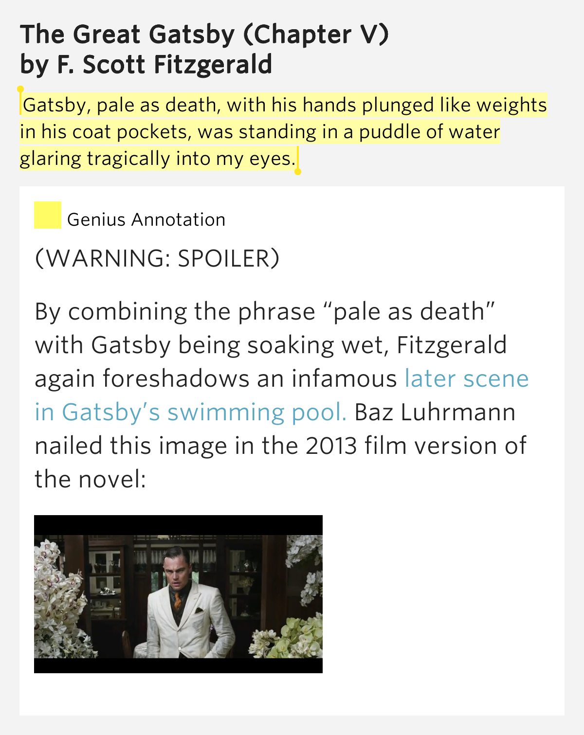 Gatsby, pale as death, with his hands plunged like weights in his coat