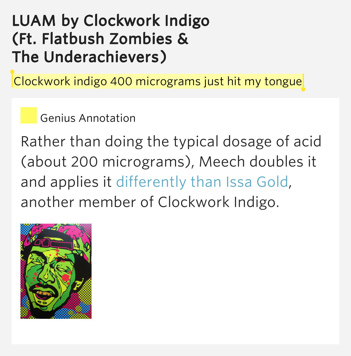 Clockwork indigo 400 micrograms just hit my tongue LUAM Lyrics Meaning