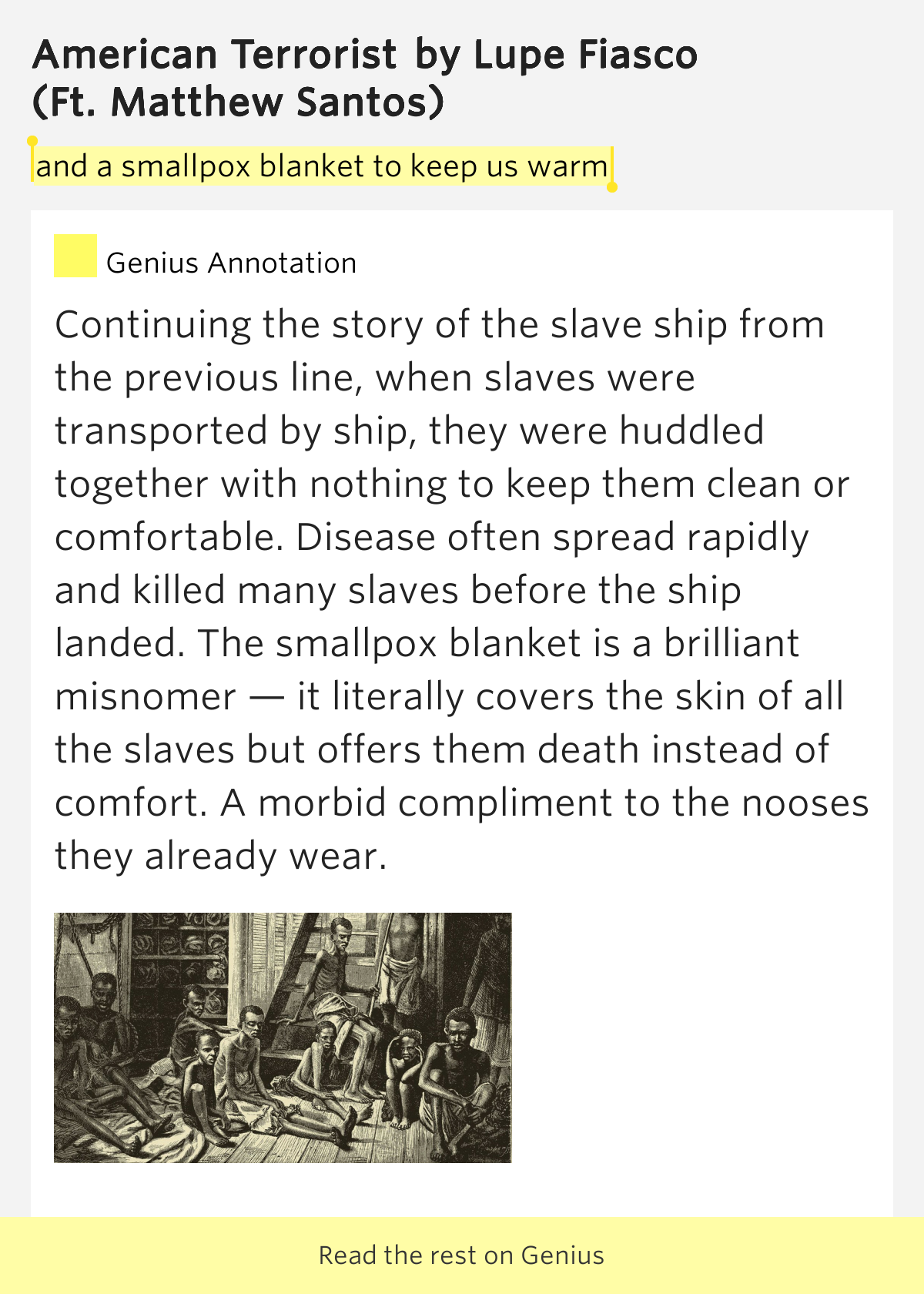 And a smallpox blanket to keep us warm American Terrorist