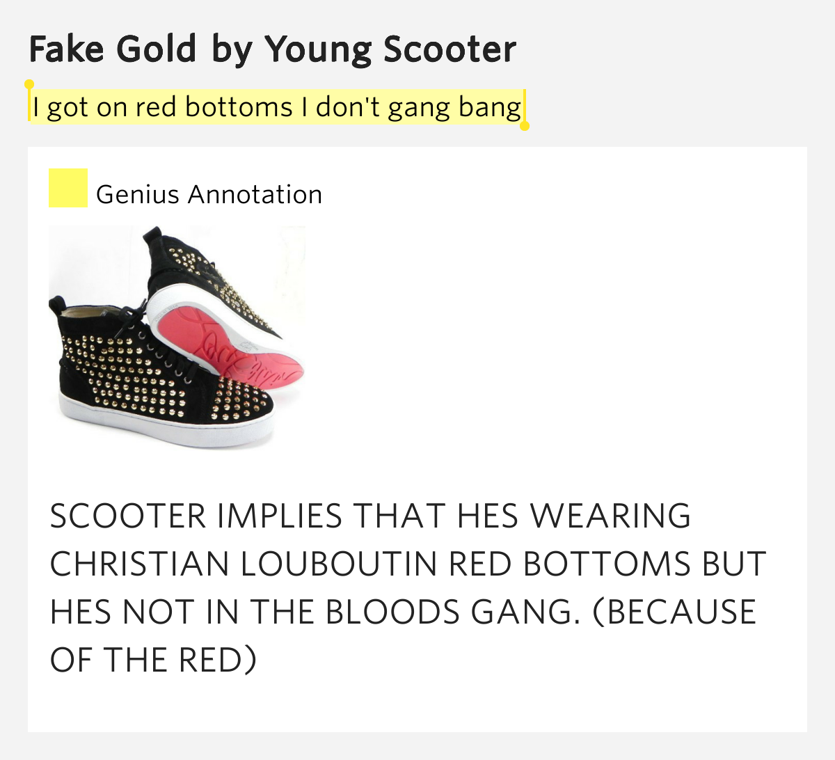 I got on red bottoms I don't gang bang Fake Gold Lyrics Meaning