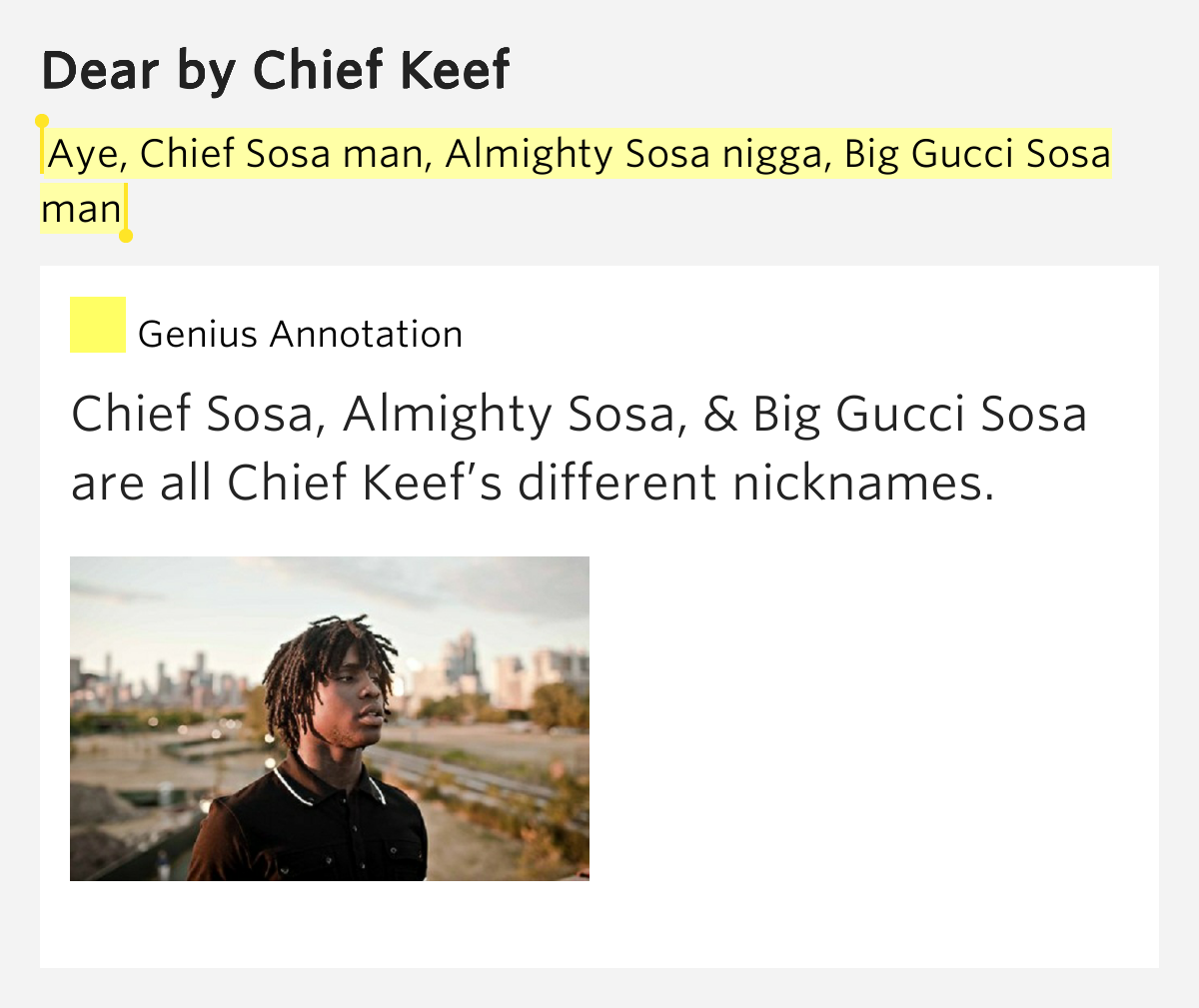 Aye, Chief Sosa man, Almighty Sosa nigga, Big Gucci Sosa man – Dear