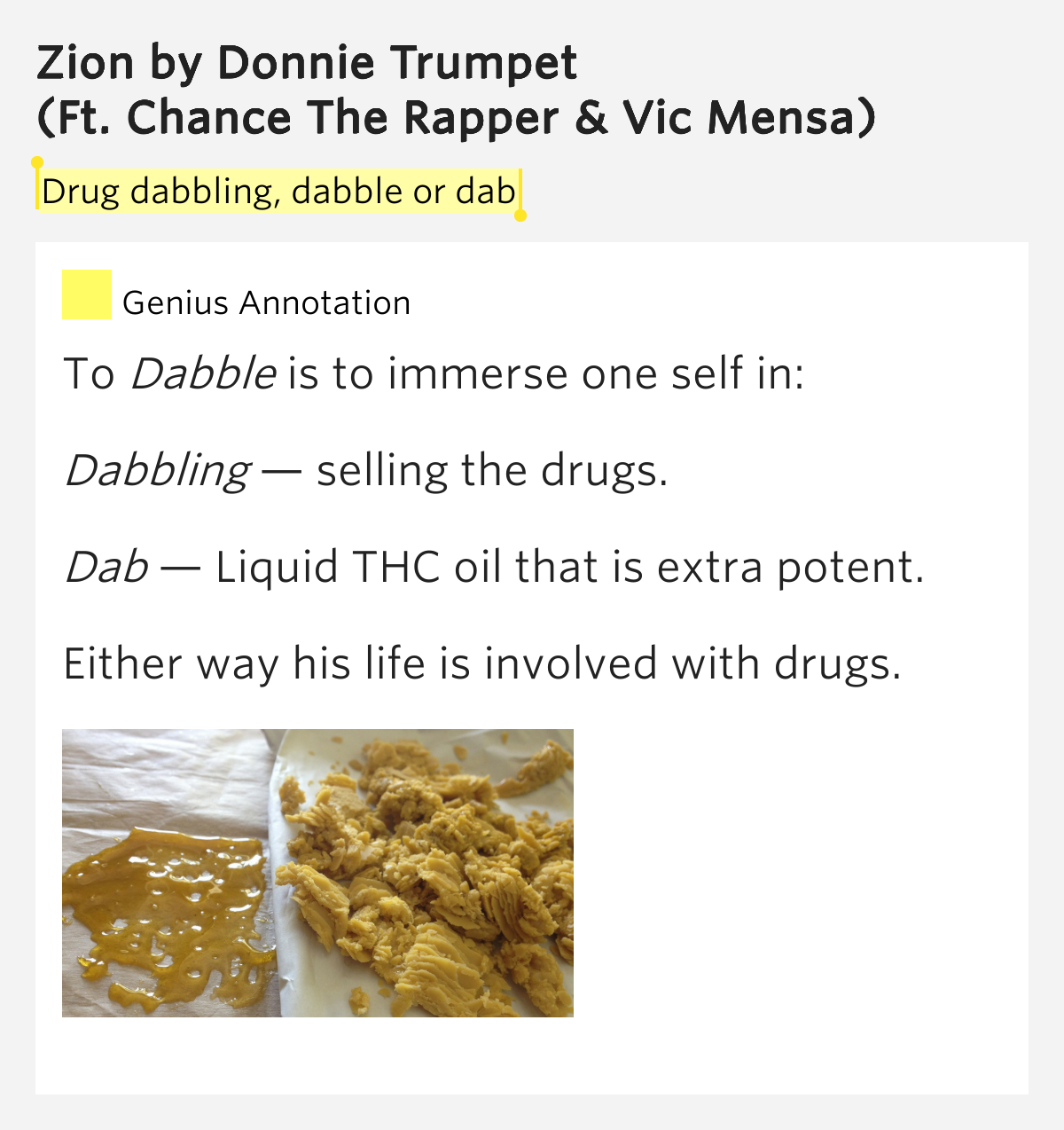 Drug dabbling, dabble or dab Zion by Donnie Trumpet