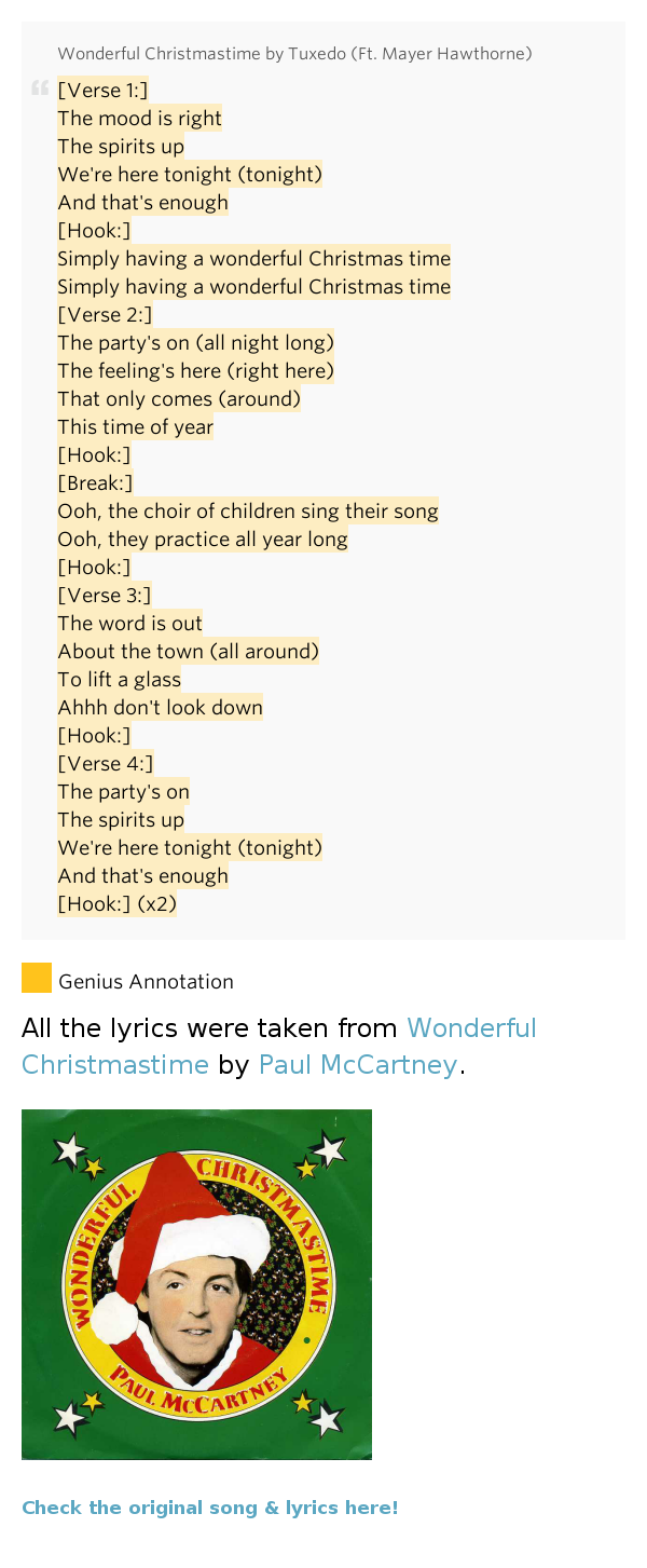 [Verse 1:] / The mood is right / The.. – Wonderful Christmastime - The Mood Is Right The Spirits Up