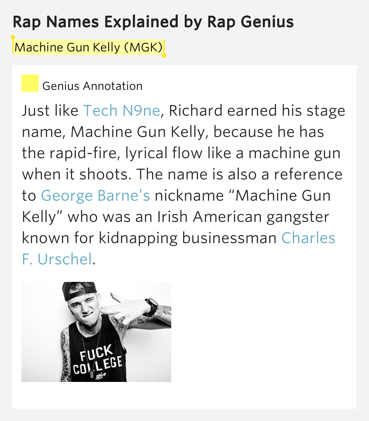 Machine Gun Kelly (MGK) – Rap Names Explained Lyrics Meaning Machine Gun Kelly (MGK) – Rap Names Explained Lyrics Meaning