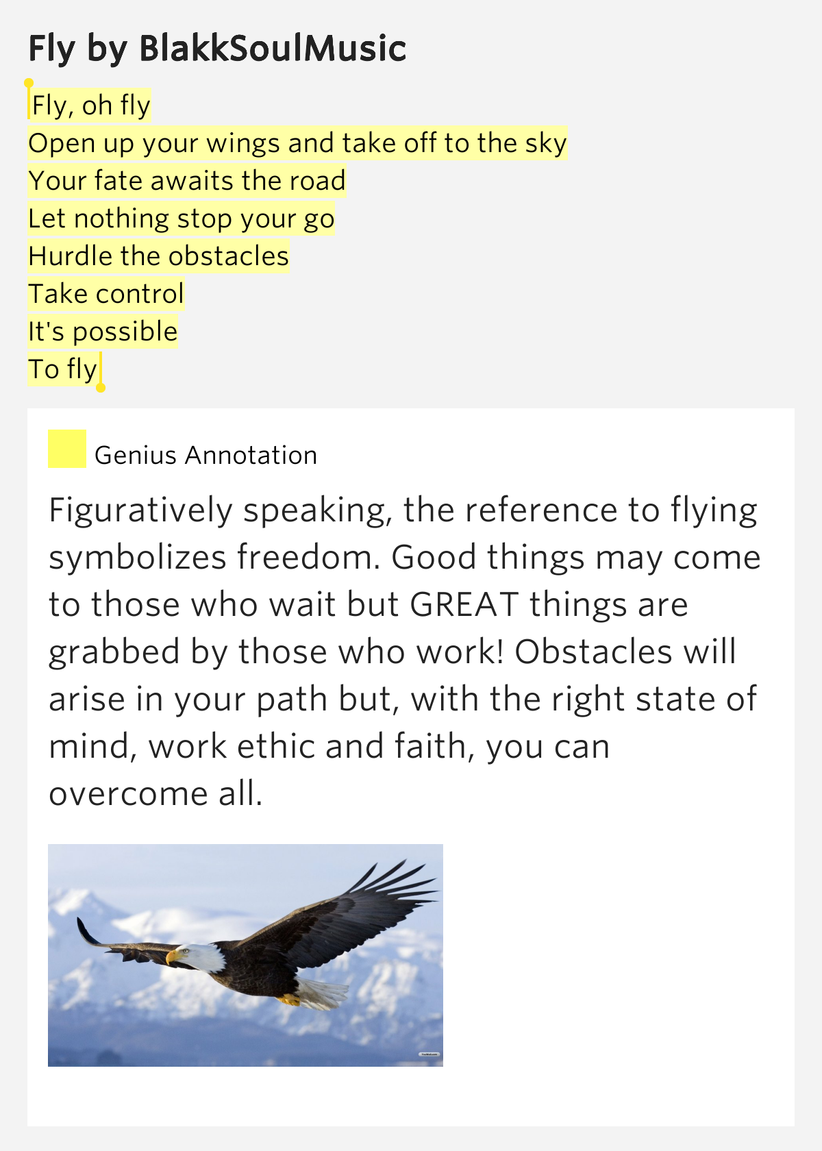Fly, oh fly / Open up your wings and take off to the sky / Your fate
