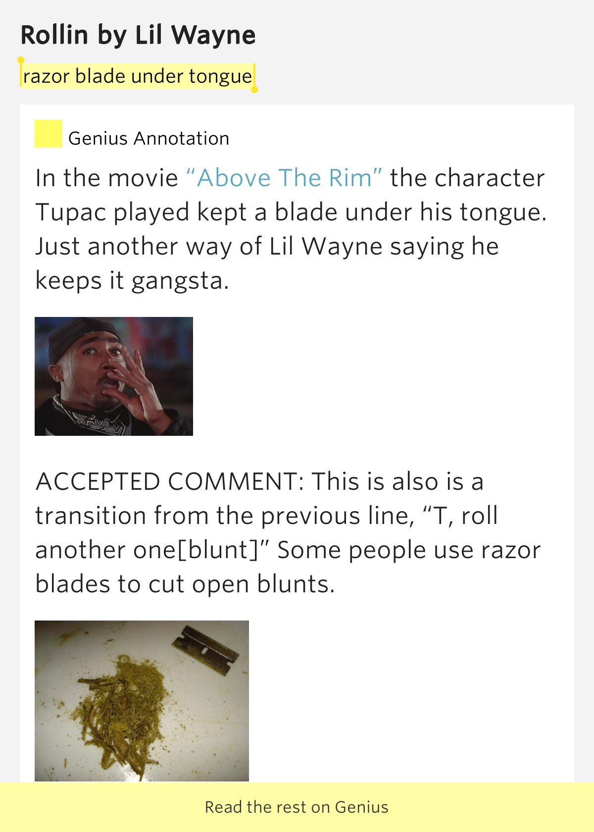 Razor blade under tongue Rollin by Lil Wayne