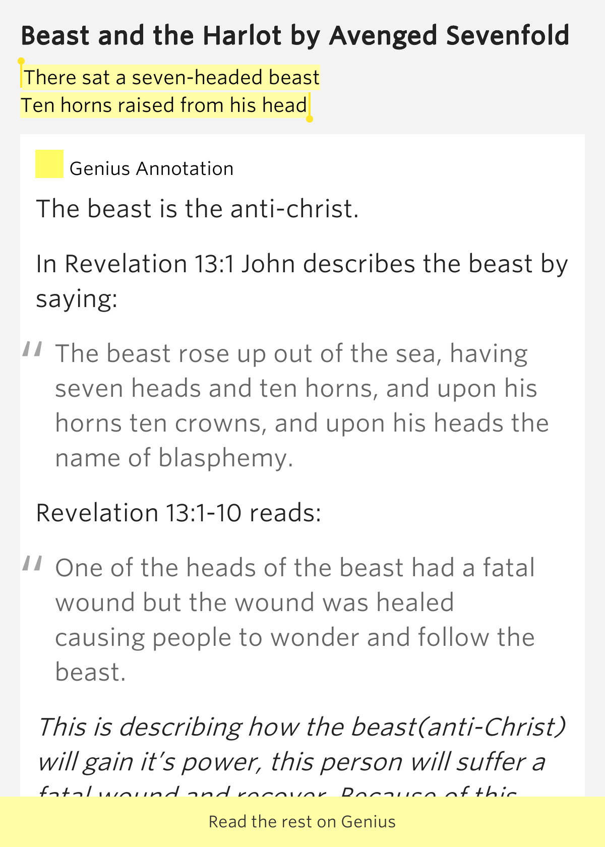 There sat a sevenheaded beast / Ten horns raised from his head Beast
