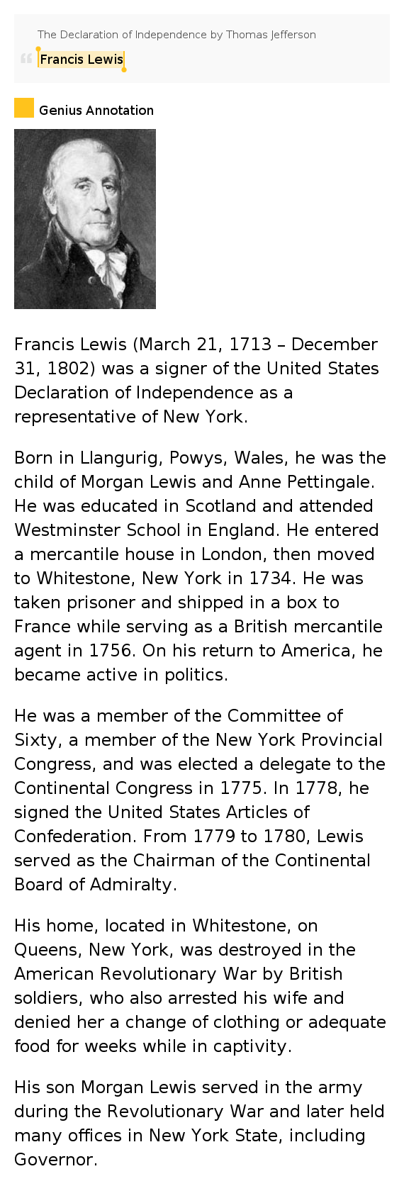 Francis Lewis The Declaration of Independence by Thomas Jefferson