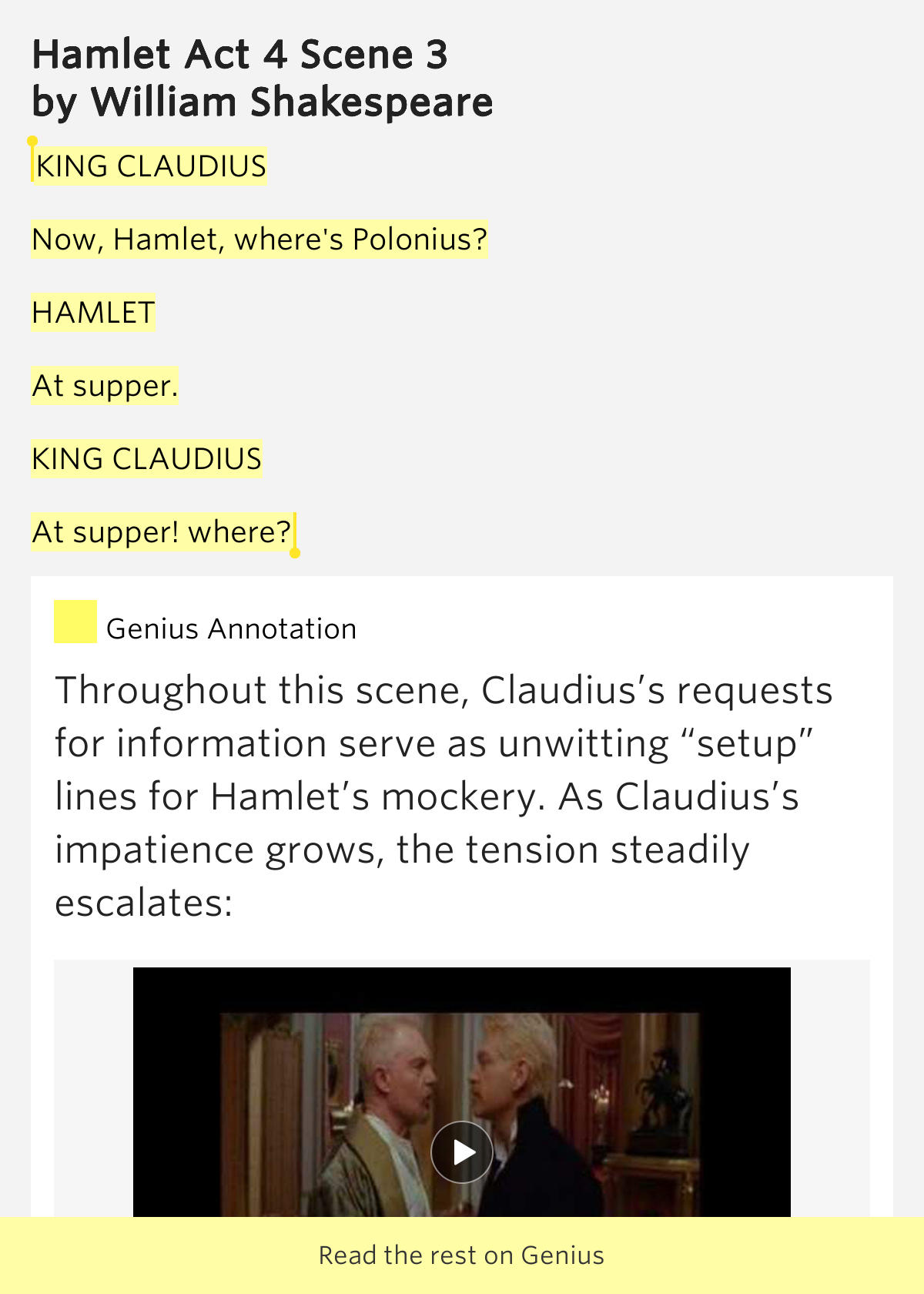 KING CLAUDIUS / Now, Hamlet, where's.. Hamlet Act 4 Scene 3