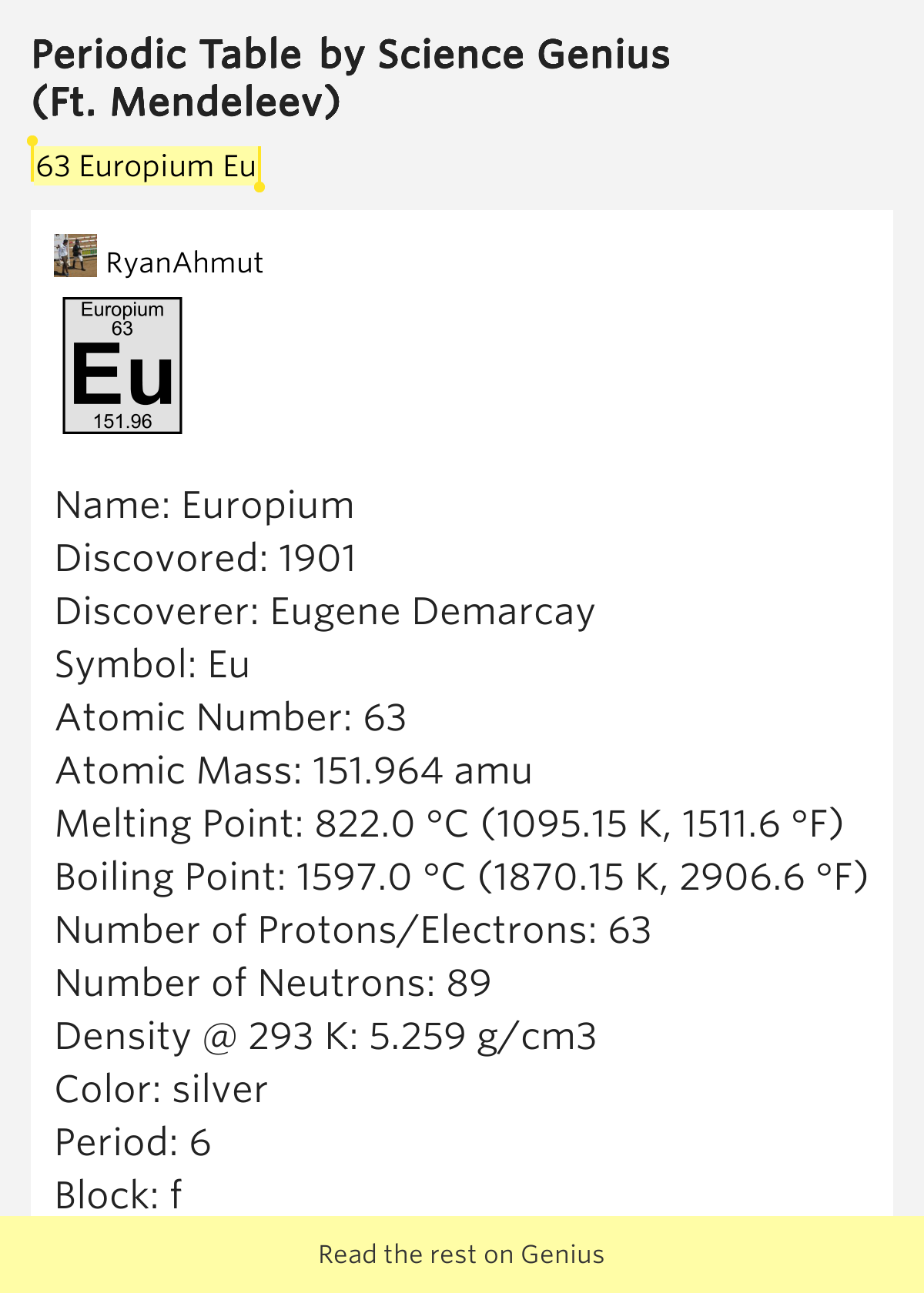 63 Europium Eu Periodic Table by Science Genius