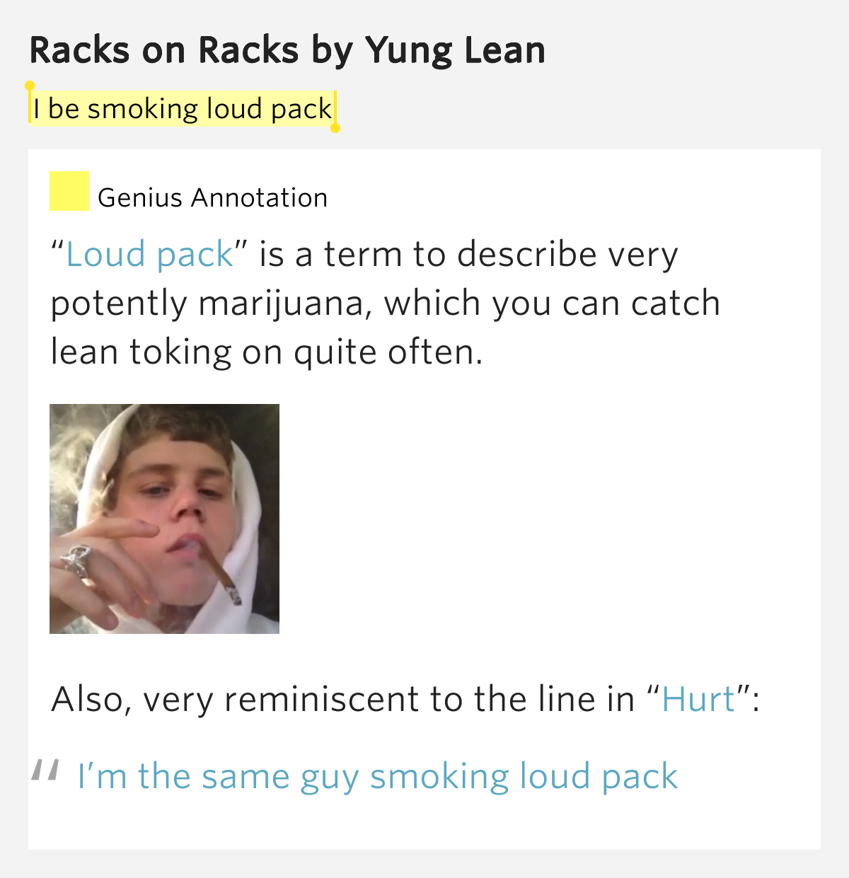 I be smoking loud pack Racks on Racks by Yung Lean