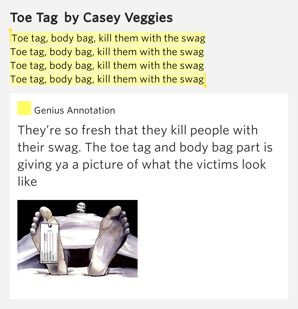 Toe tag, body bag, kill them with the swag / Toe tag,.. Toe Tag