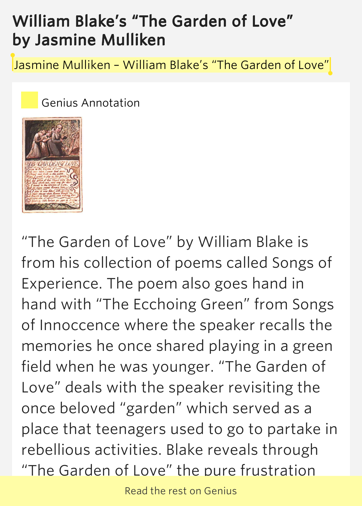 the idea of human growth in the ecchoing green and the garden of love by william blake The echoing green (or ecchoing green) and can be read as a metaphor for human life echoing green by william blake the sun does arise, and make happy the skies the merry bells ring to welcome the spring the sky-lark and thrush. the idea of human growth in the ecchoing green and the garden of love by william blake The echoing green (or ecchoing green) and can be read as a metaphor for human life echoing green by william blake the sun does arise, and make happy the skies the merry bells ring to welcome the spring the sky-lark and thrush.