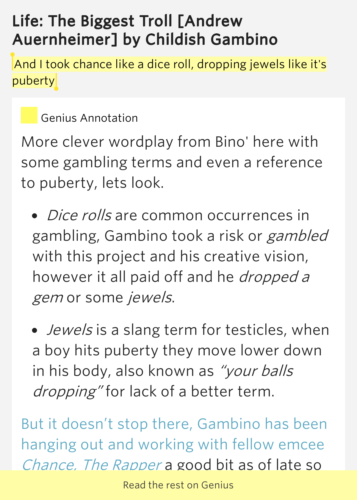 And I took chance like a dice roll, dropping.. Childish Gambino