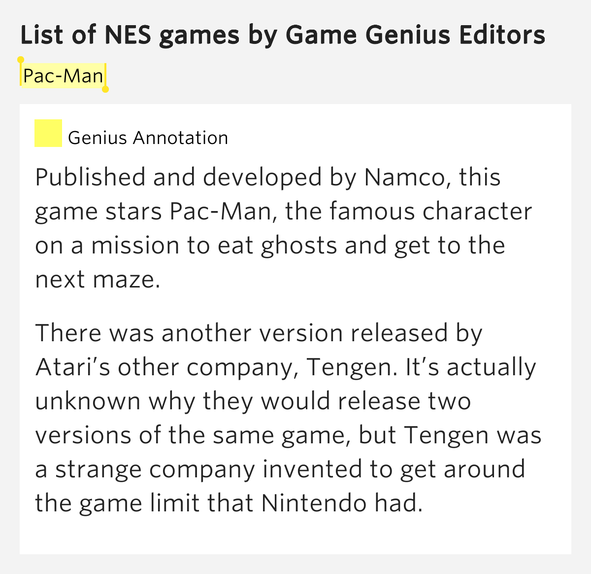 PacMan List of NES games Meaning