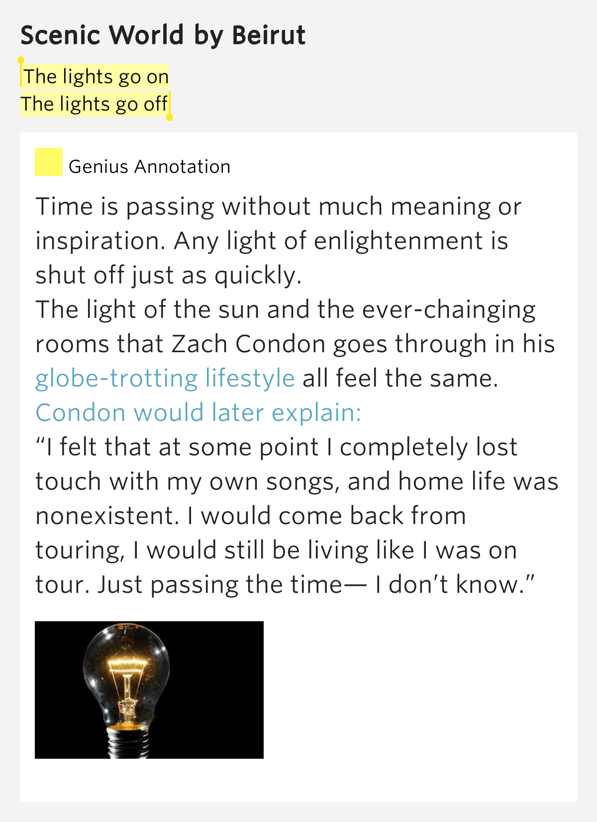 The lights go on / The lights go off Scenic World by Beirut