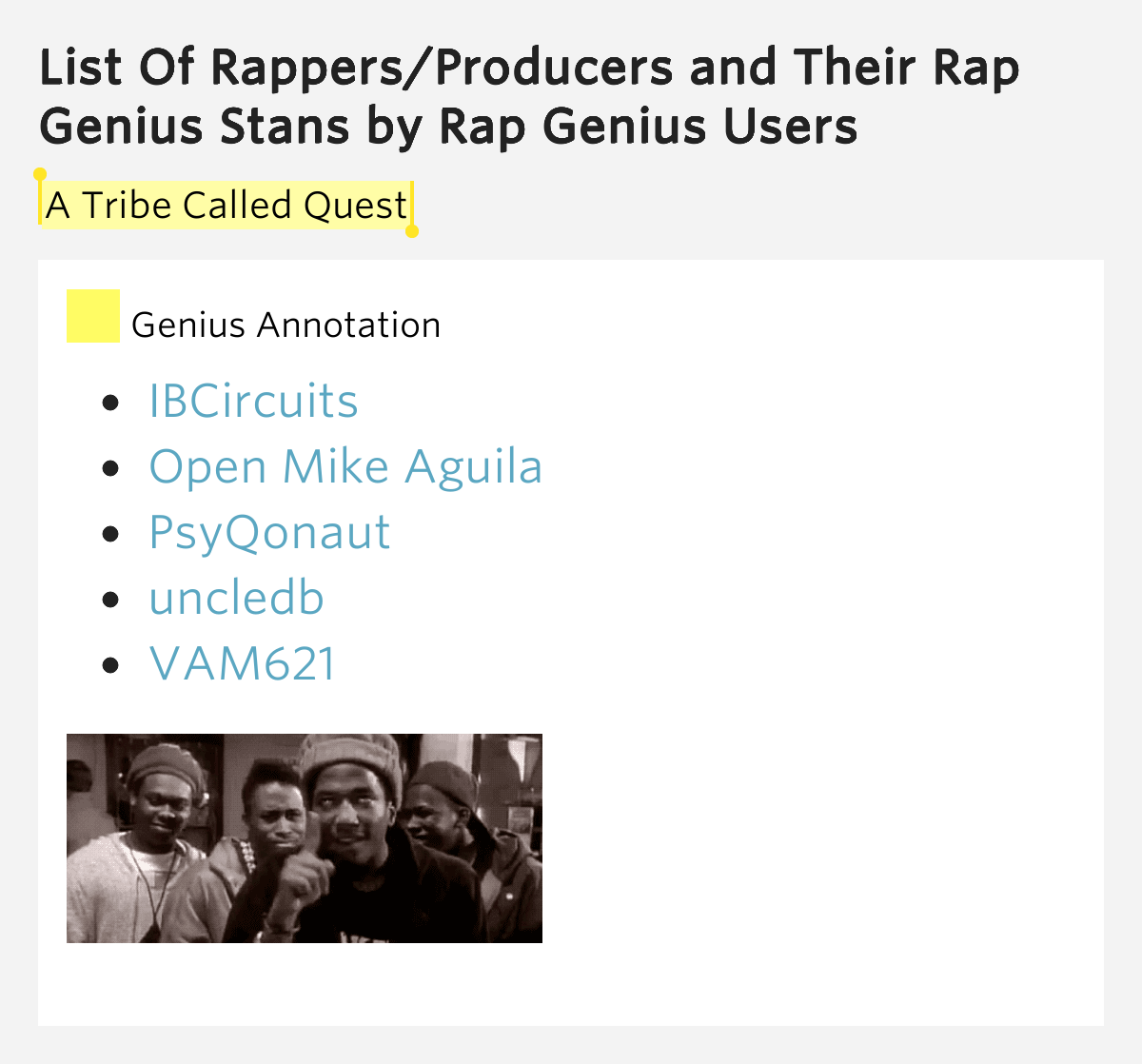 A Tribe Called Quest List Of Rappers/Producers and Their Rap Genius