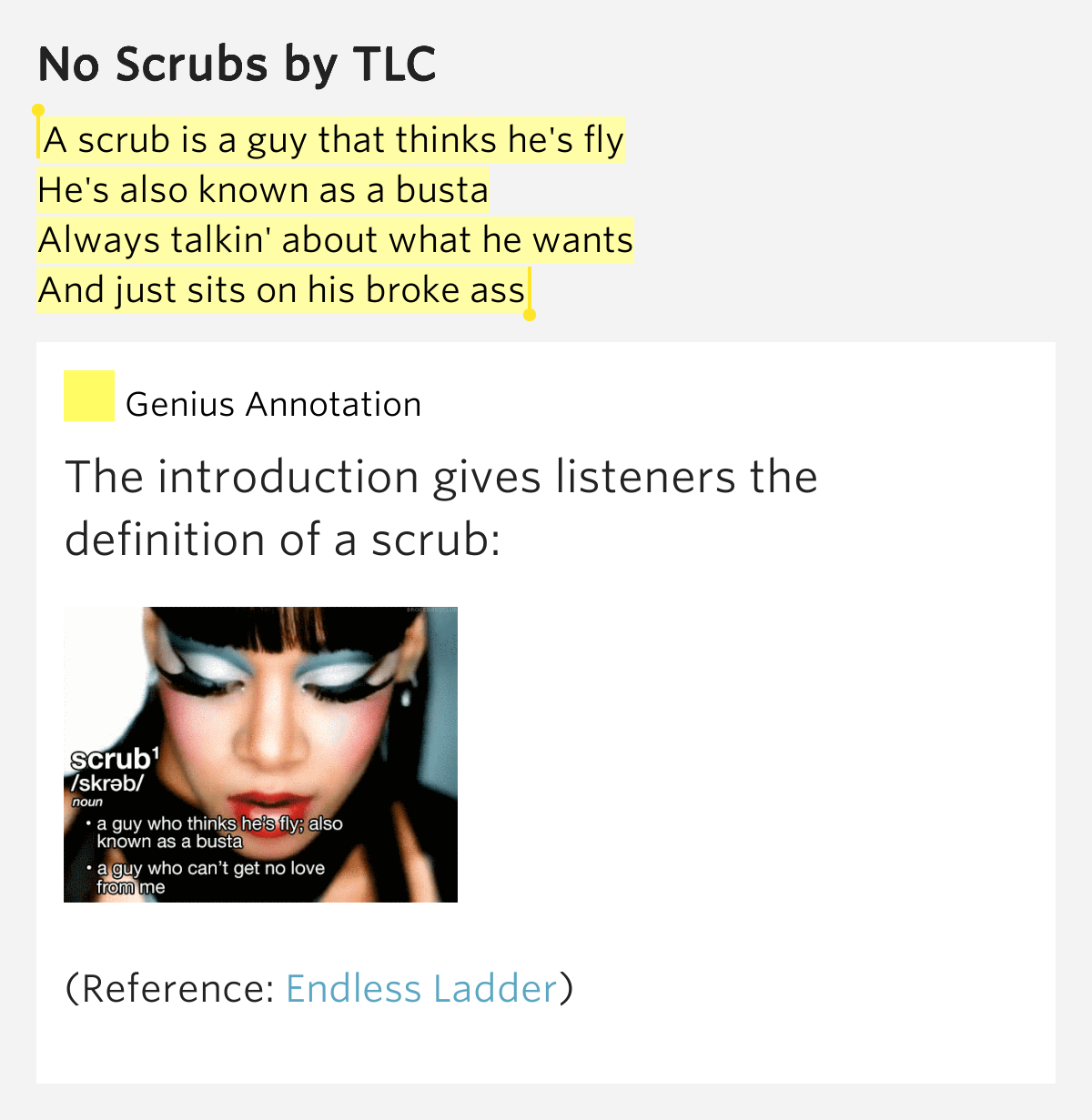 A scrub is a guy that thinks he's fly / He's also.. No Scrubs