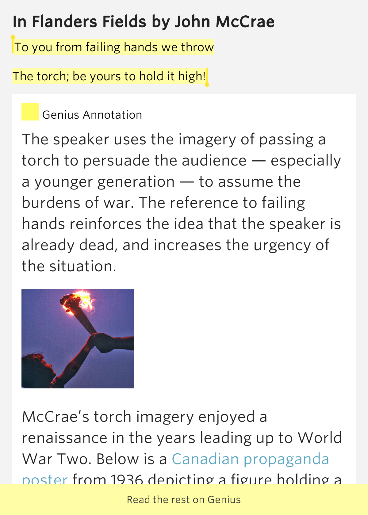 To you from failing hands we throw / The.. In Flanders Fields