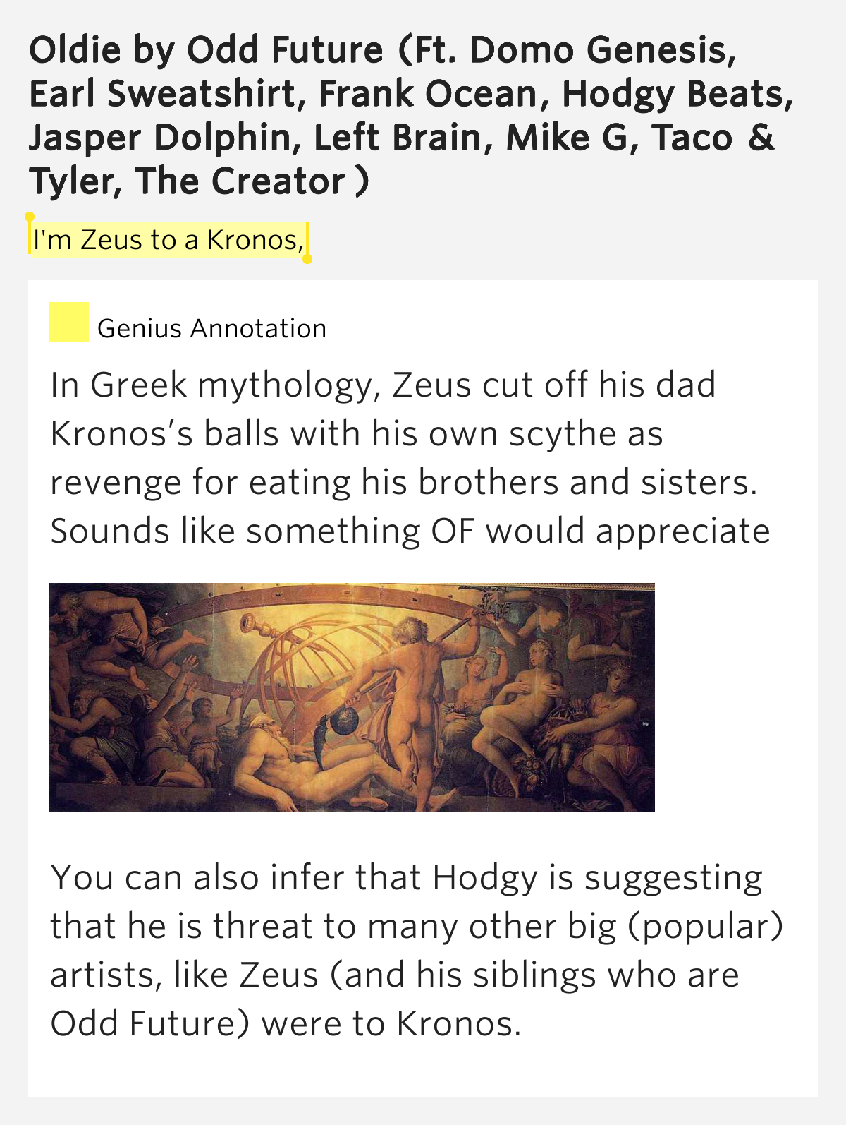 I'm Zeus to a Kronos, Oldie Lyrics Meaning