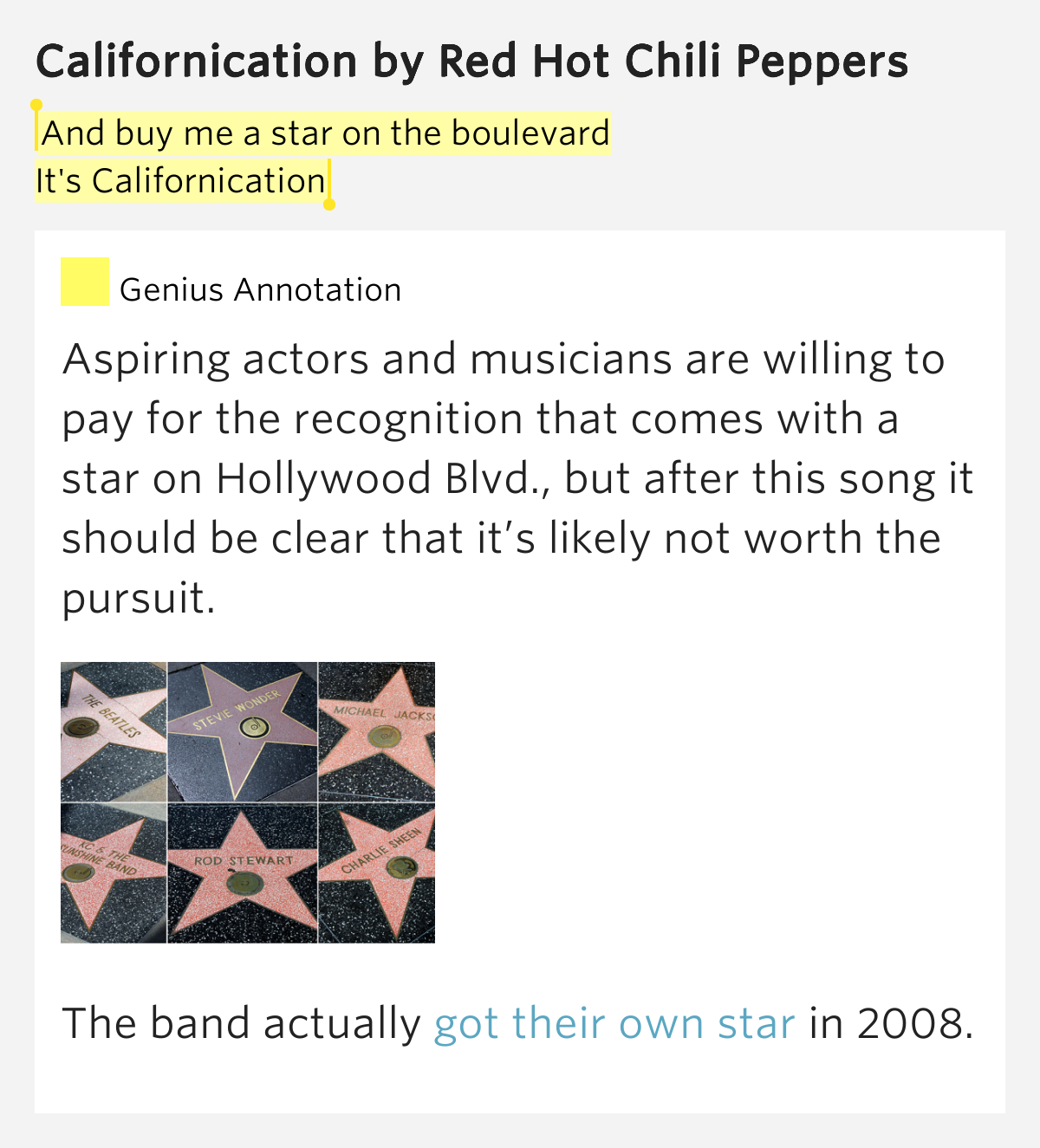 And buy me a star on the boulevard / It's Californication