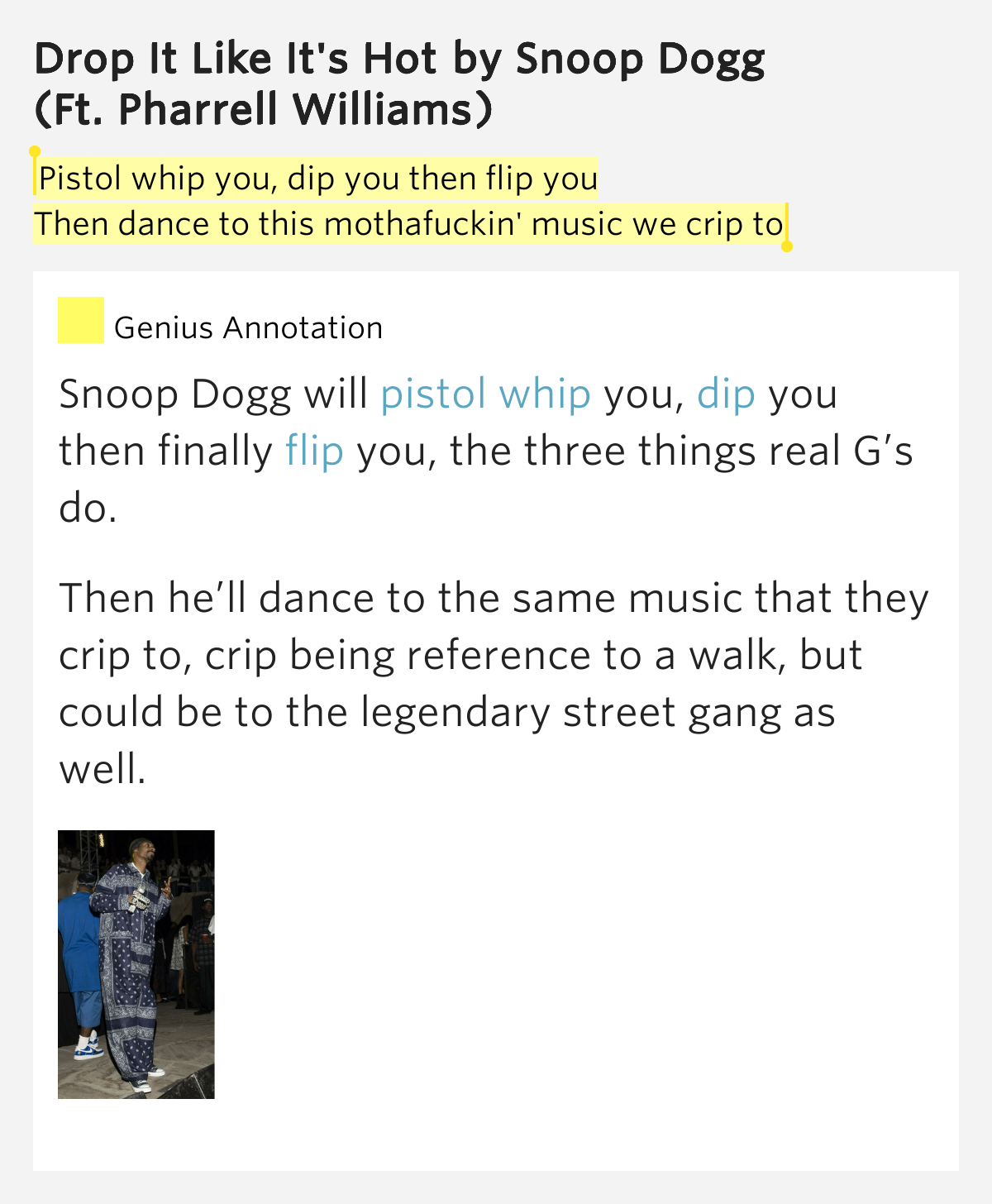 Pistol whip you, dip you then flip you / Then dance to this mothafuckin