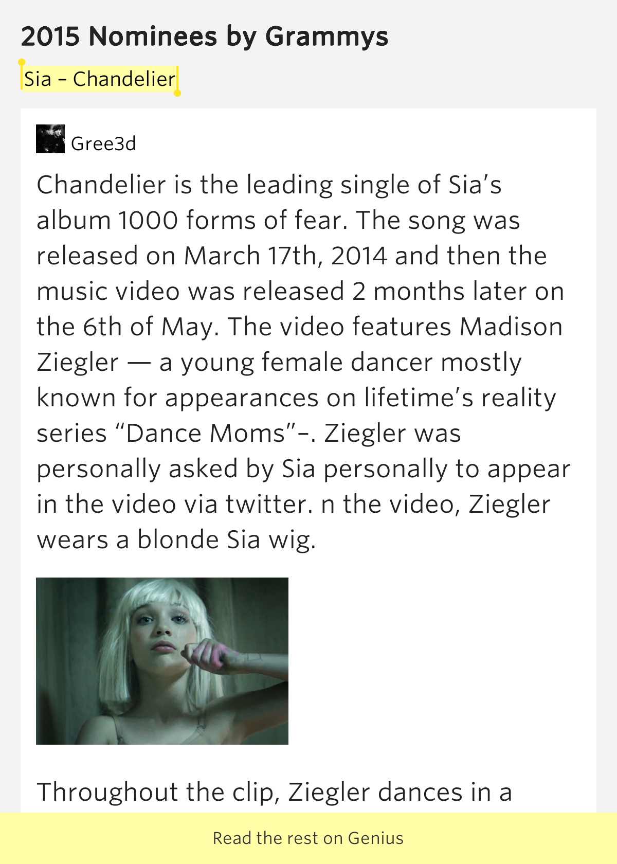 Sia Chandelier 2015 Nominees Lyrics Meaning