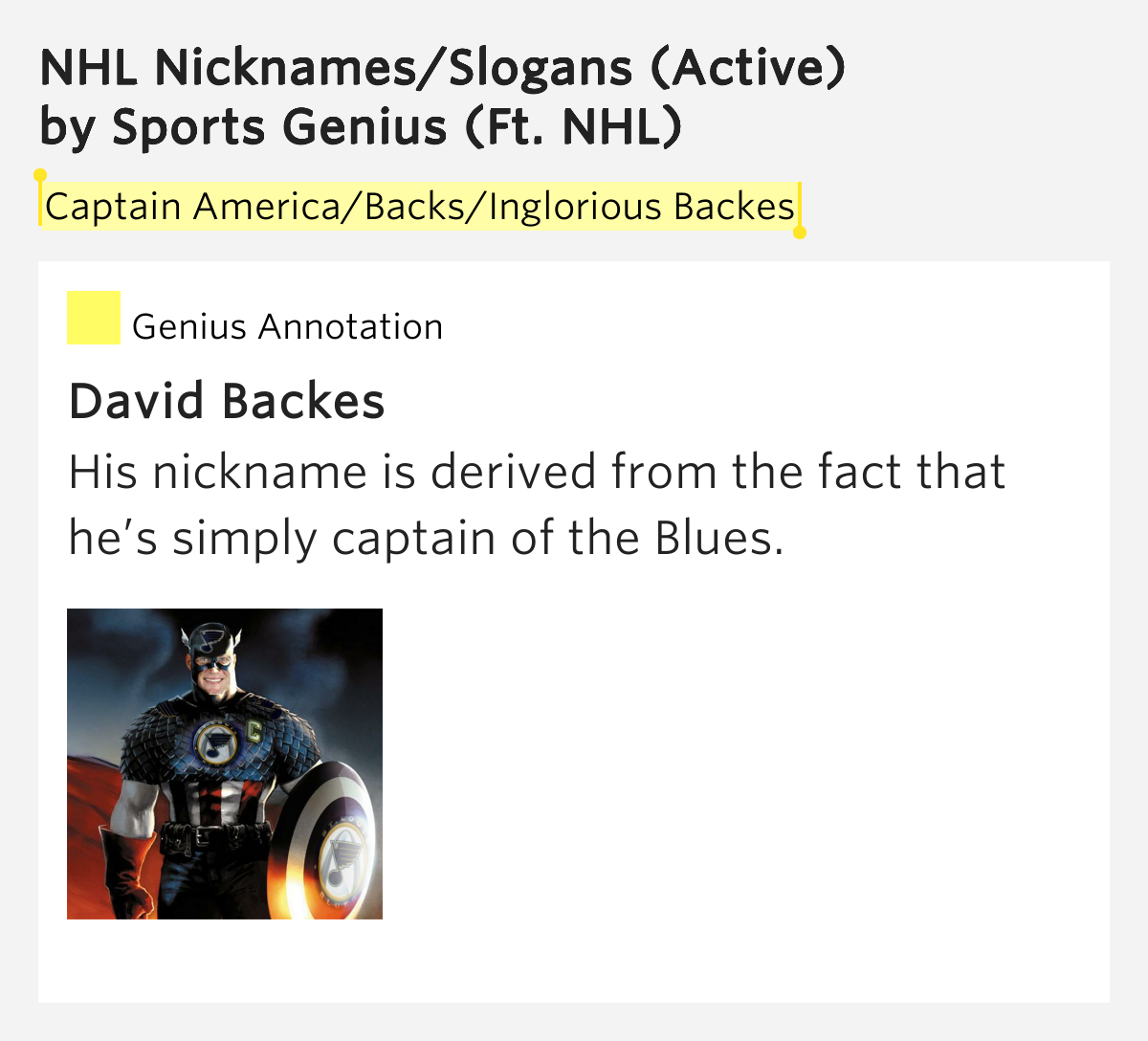 Captain America/Backs/Inglorious.. NHL Nicknames/Slogans (Active)