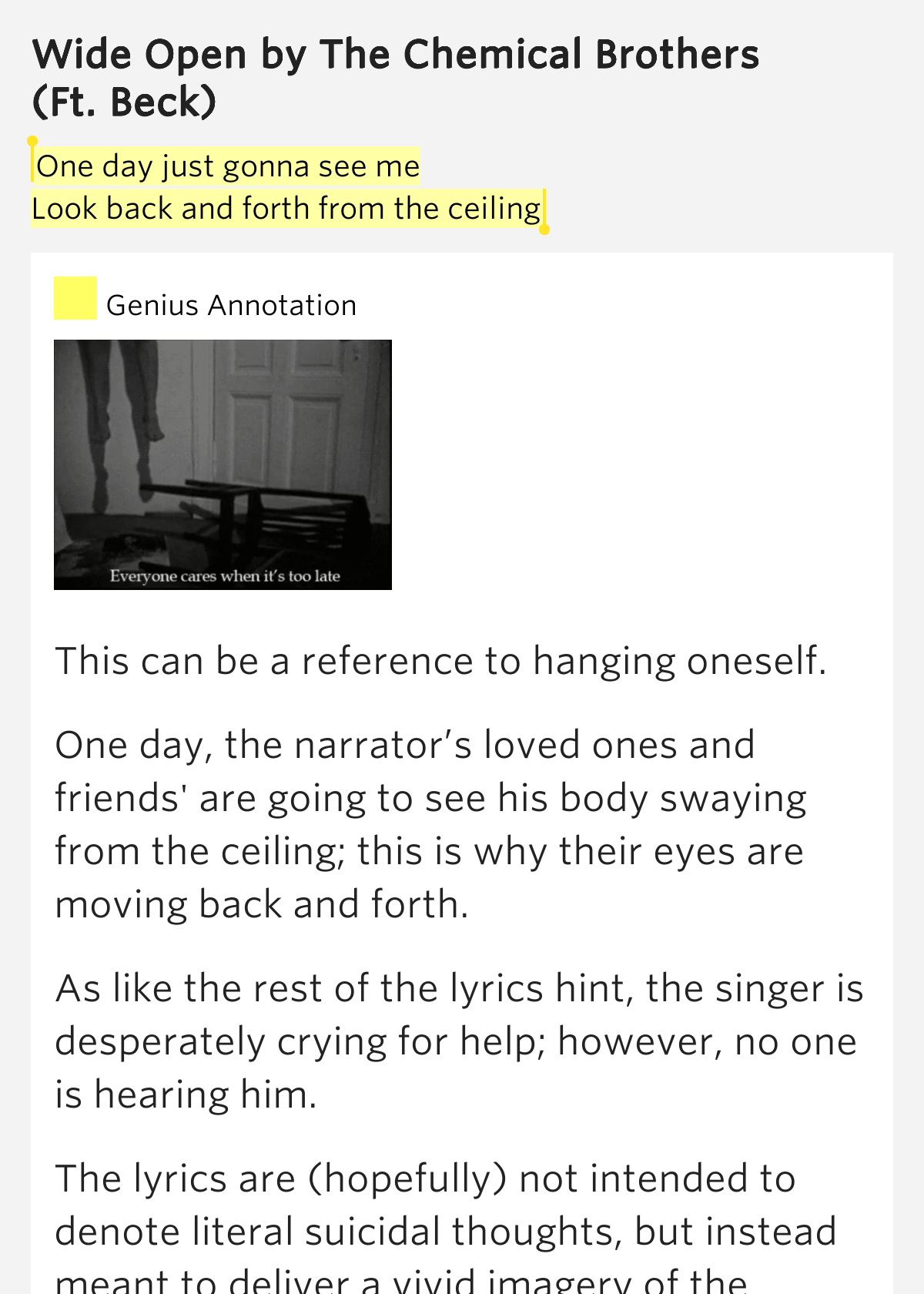 One day just gonna see me / Look back and forth from the ceiling Wide