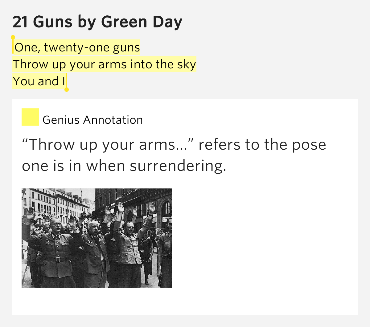 One, twentyone guns / Throw up your arms into the sky / You and I 21