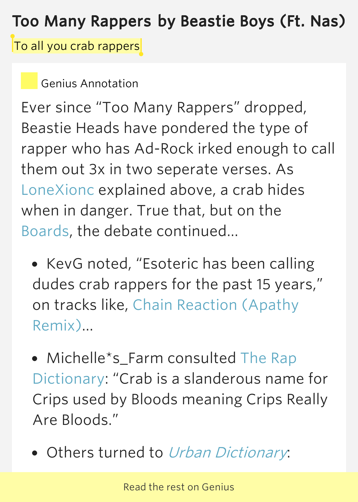 To all you crab rappers Too Many Rappers Lyrics Meaning