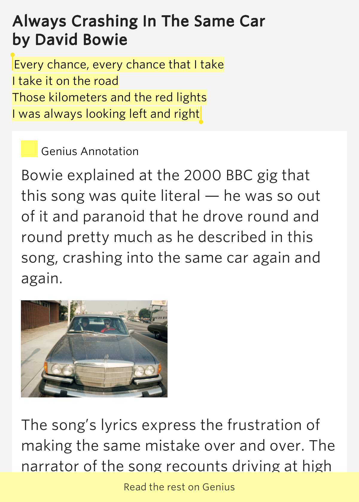 Always Crashing In The Same Car Lyrics Always Crashing In The Same Car Lyrics