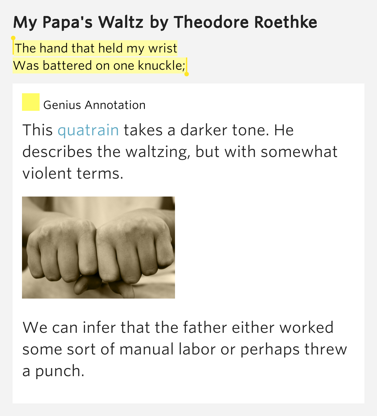 my papas waltz by theodore roethke In the poem my papa's waltz written by theodore roethke, the interpretation of the poem depends on the readers`perspective some people think that this poem is one of a happy exchange between a father and son. my papas waltz by theodore roethke In the poem my papa's waltz written by theodore roethke, the interpretation of the poem depends on the readers`perspective some people think that this poem is one of a happy exchange between a father and son.