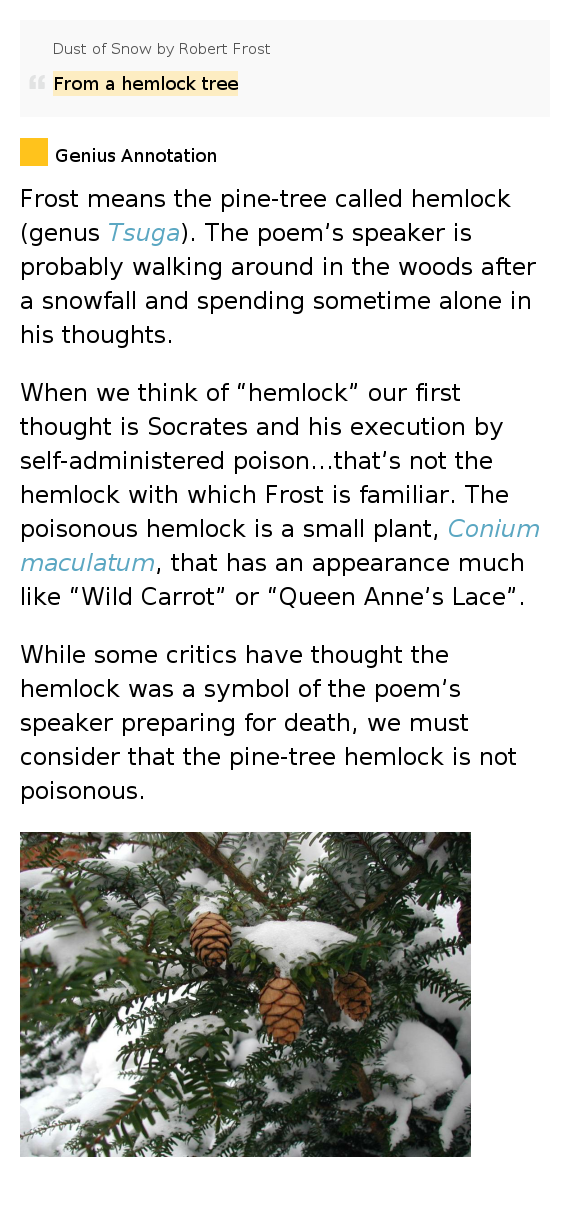 From a hemlock tree – Dust of Snow by Robert Frost