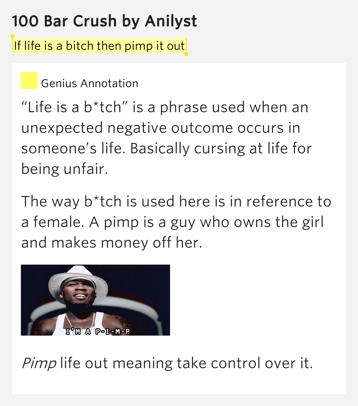 If life is a bitch then pimp it out 100 Bar Crush Lyrics Meaning