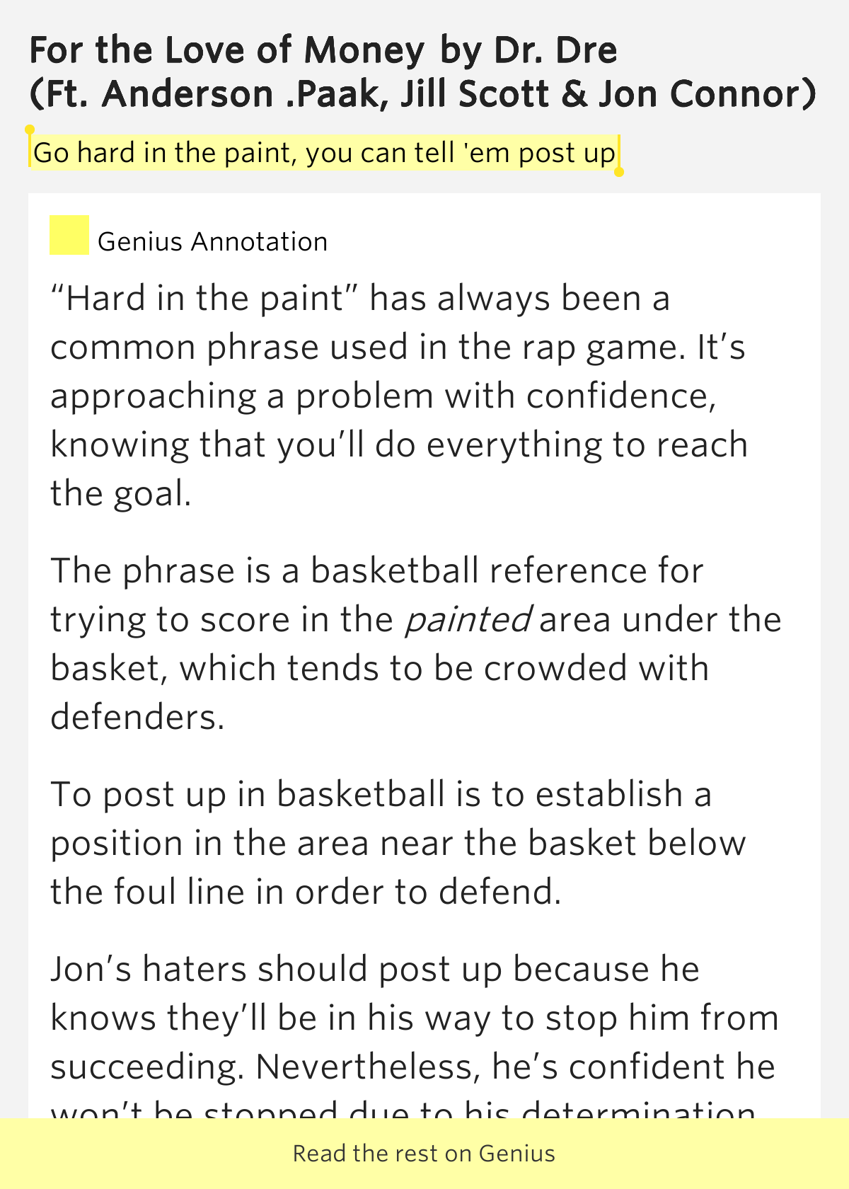 Go hard in the paint, you can tell 'em post up For the Love of Money