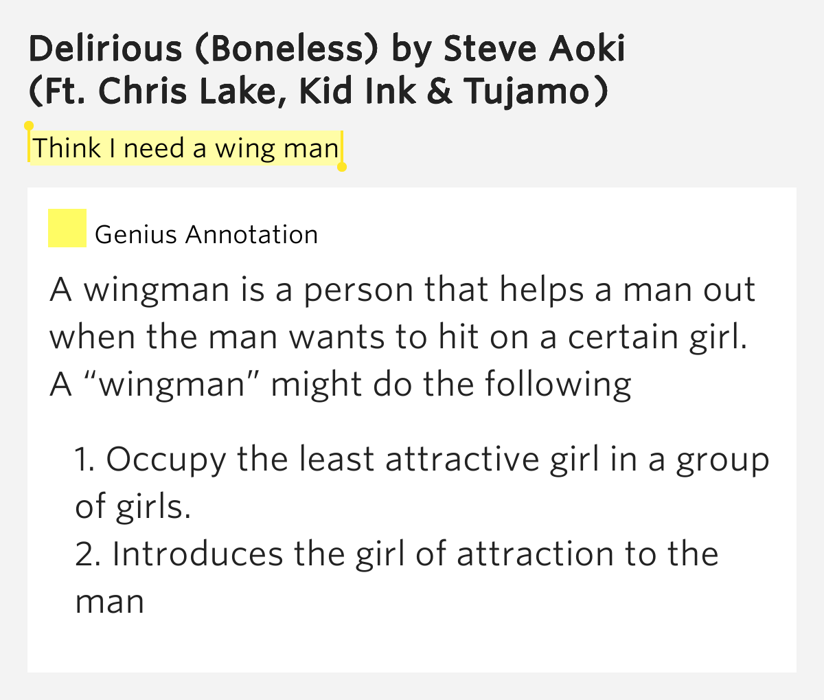Think I need a wing man Delirious (Boneless) Lyrics Meaning