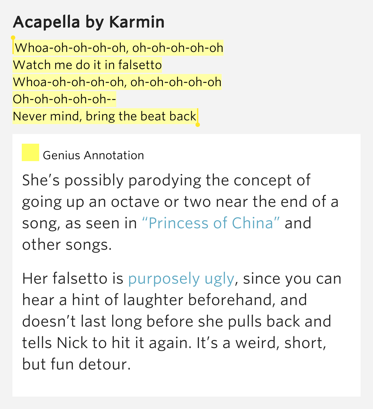 Whoaohohohoh, ohohohohoh / Watch me do it in falsetto / Whoaohohohoh, ohohohohoh