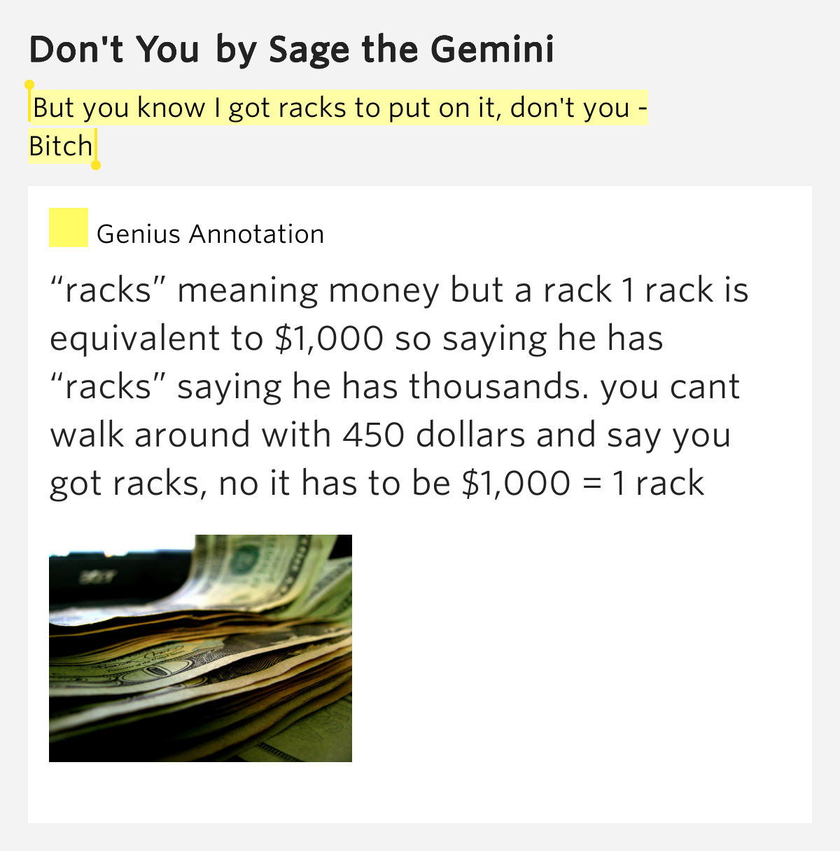 But you know I got racks to put on it, don't you /.. Don't You