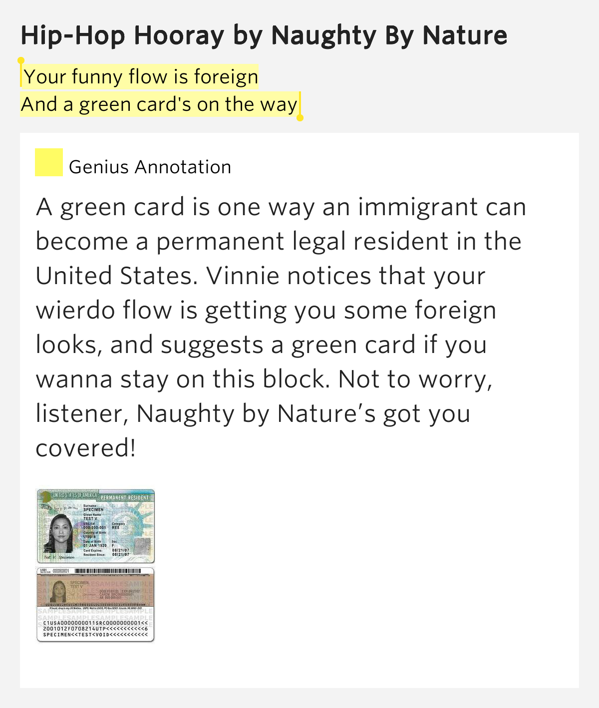 Your funny flow is foreign / And a green card's.. – Hip-Hop Hooray