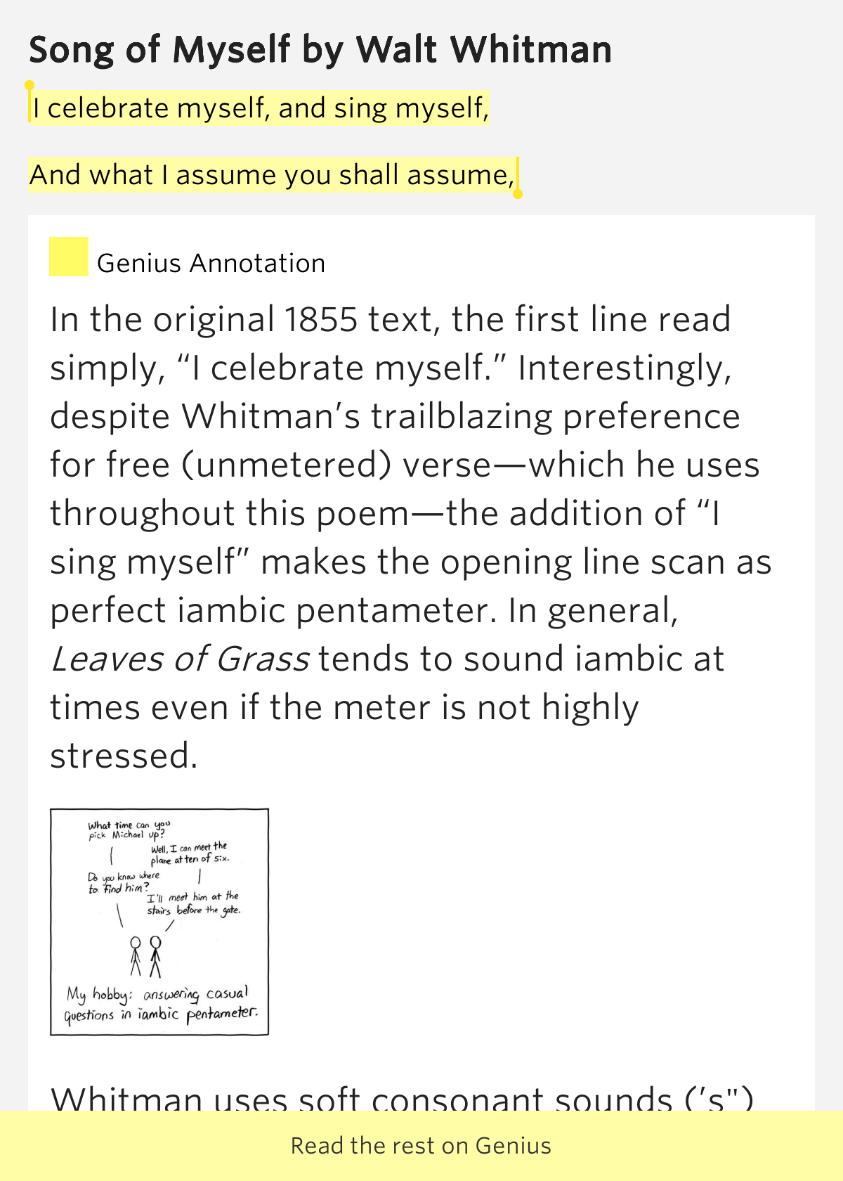 I celebrate myself, and sing myself, / And what.. Song of Myself