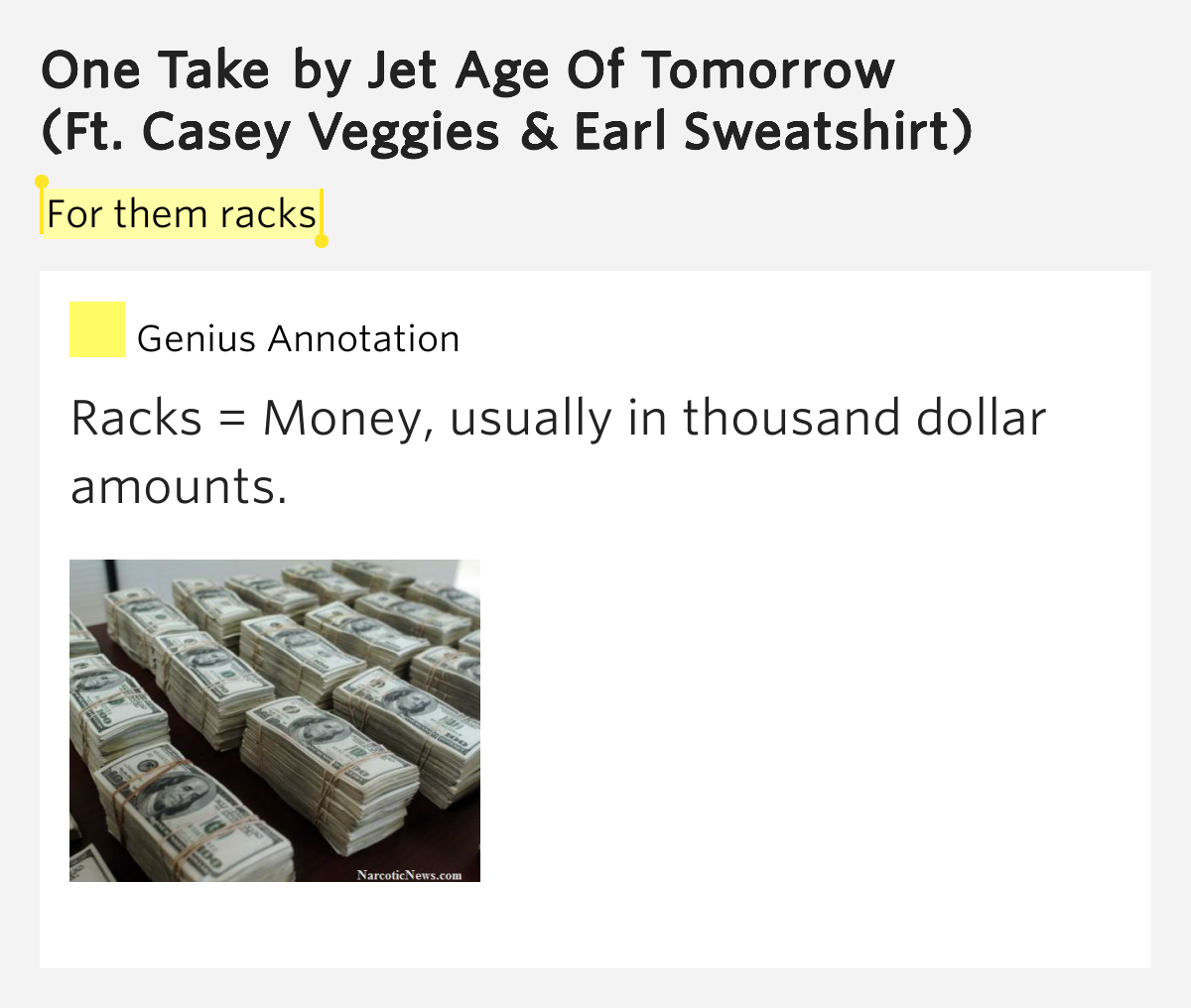 For them racks One Take Lyrics Meaning