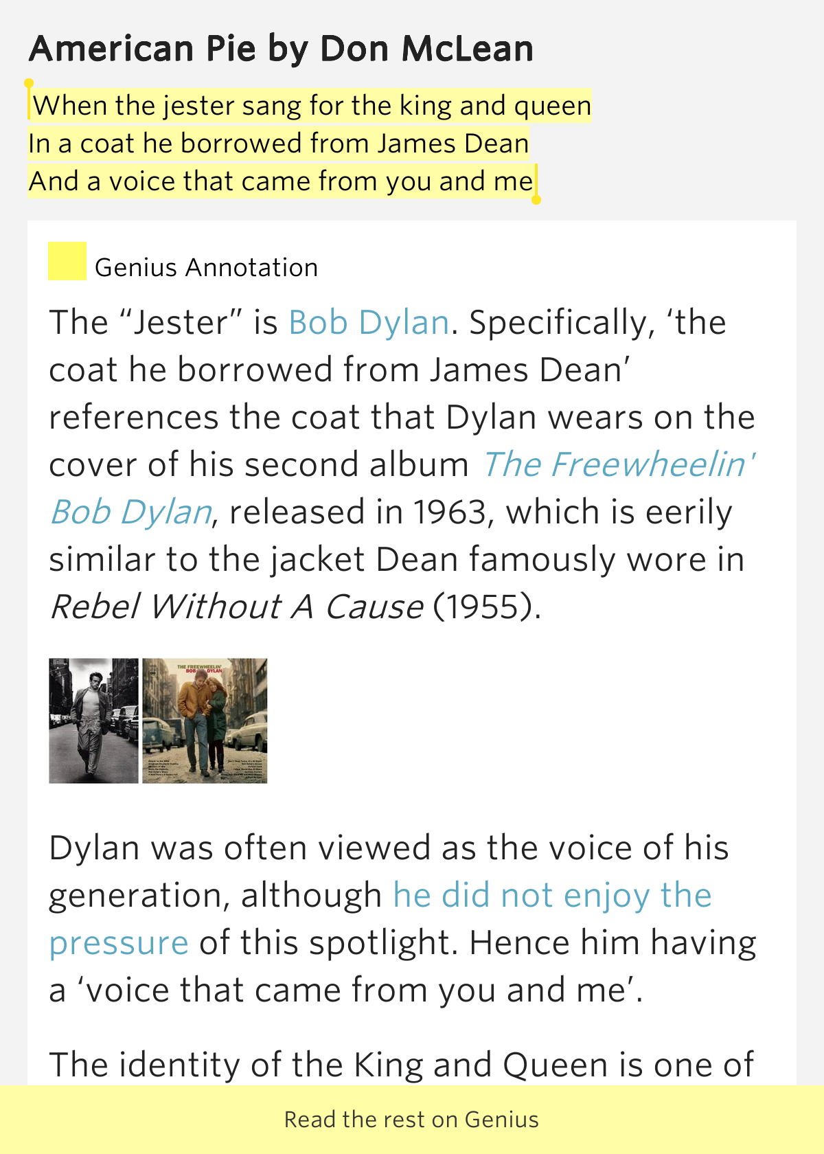 When the jester sang for the king and queen / In a.. American Pie