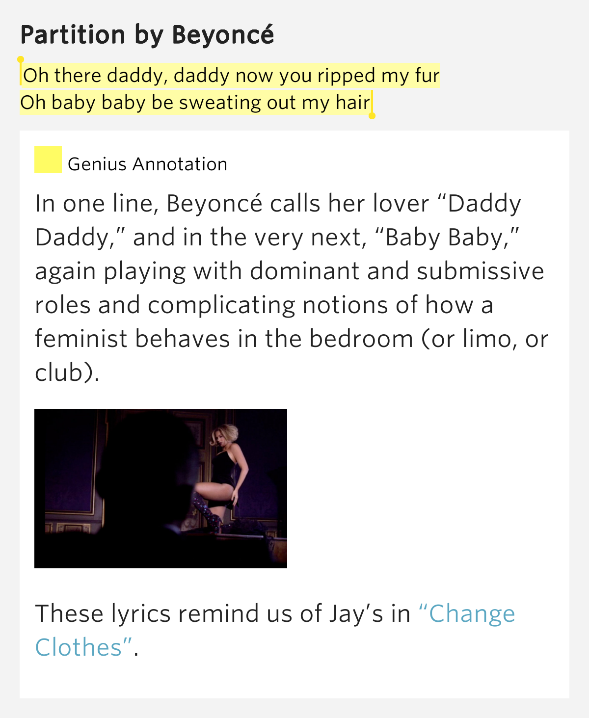 Oh there daddy, daddy now you ripped my fur / Oh baby.. Partition